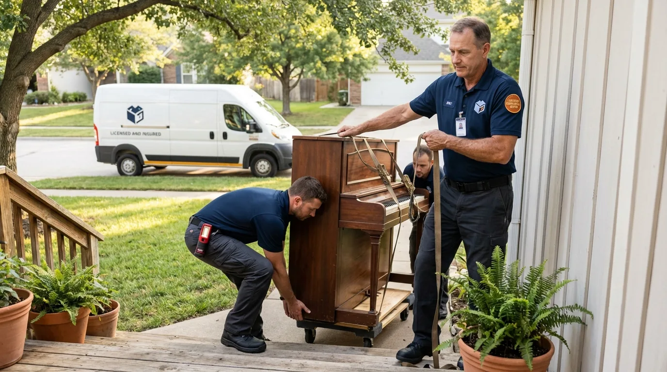 Licensed piano movers securing grand piano in Oakboro, NC
