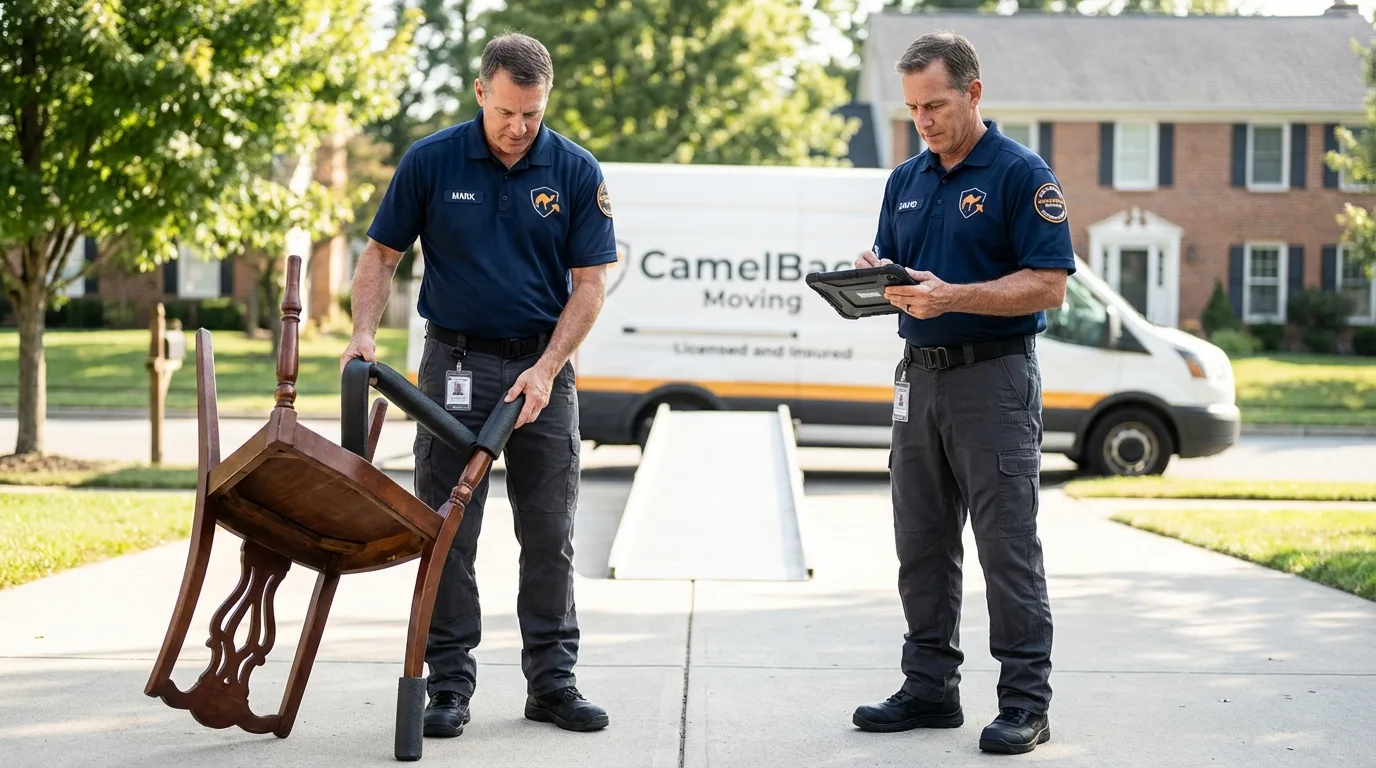 Movers inspecting furniture for damage prevention before loading in Oakboro, NC