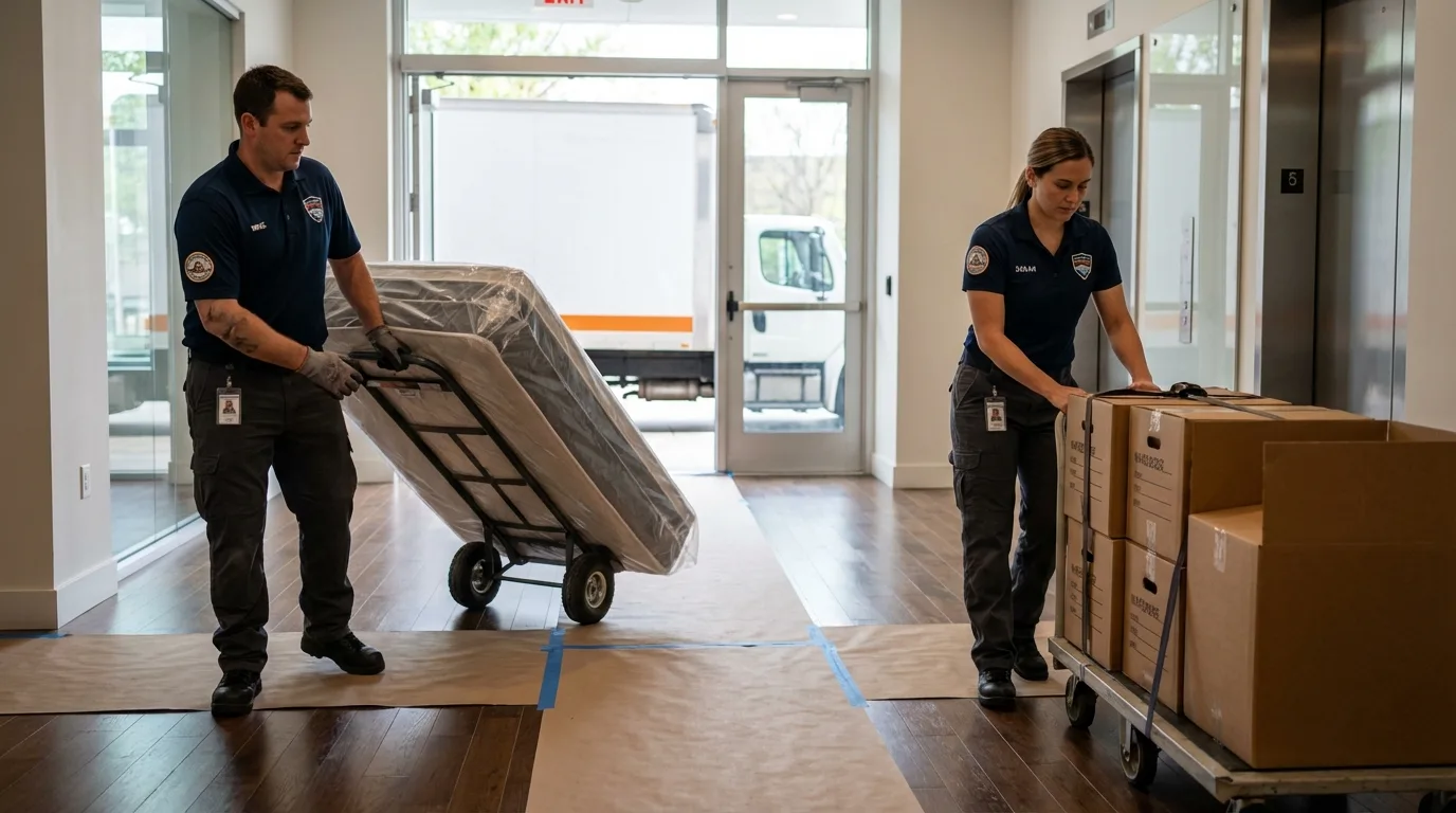 Professional apartment movers loading elevator in Oakboro, NC